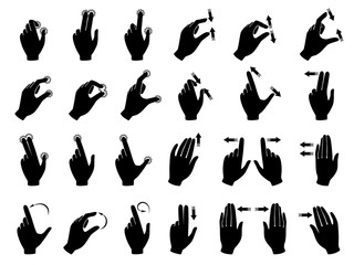 Monochrome illustrations of gestures to control electronic devices with touchscreen