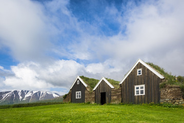 Traditional Icelandic houses with grass roof