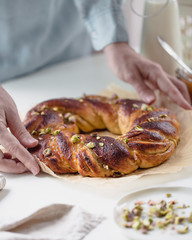 Swirl Brioche with chocolate and pistachios, Chocolate roll bread, chocolate pull apart rolls, Chocolate Babka, Povitica: traditional Polish sweet Christmas bread