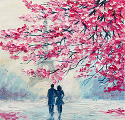 oil painting on canvas, couple of lovers under an umbrella, Paris, Eiffel Tower, modern art