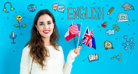 Study English theme with young woman holding flags - obrazy, fototapety, plakaty