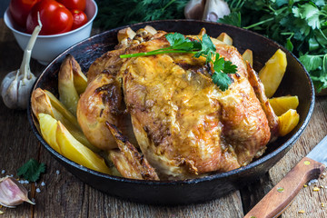 Whole roasted chicken with potato on a pan