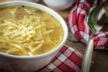 Broth - chicken soup in a bowl.