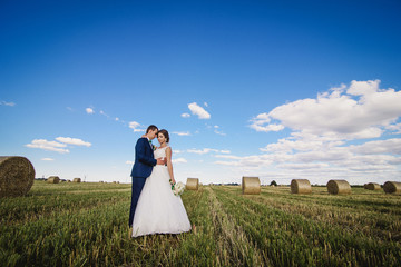 Fototapeta premium Beautiful bride and groom standing in grass and kissing. Wedding couple fashion shoot in field in the village among the picturesque nature