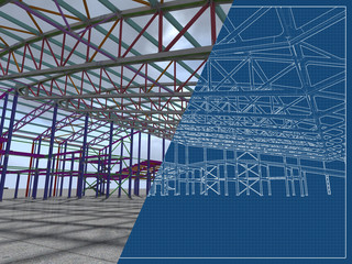 The 3D model of the construction of sports buildings from metal constructions. Engineering, industrial and construction background. 3D rendering. Blueprint.