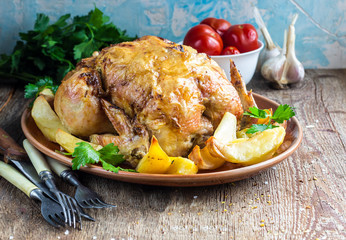 Whole roasted chicken with potato on a pan