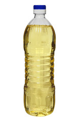 plastic transparent bottle with vegetable oil isolated on white background