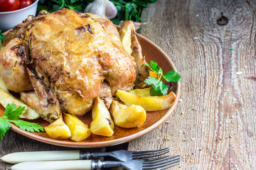 Whole roasted chicken with potato on a pan