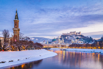 Historic city of Salzburg in winter twilight, Austria