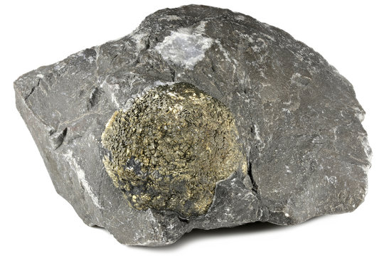 pyrite ball in matrix from Hohenems/ Austria isolated on white background