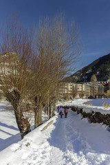 Winter pyrenes landscape near Village of Canillo, trekking and cycling trail. Andorra.