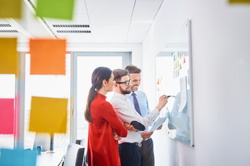 Three colleagues brainstorming and planning during meeting in office