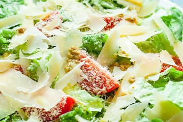 Close-up of a vegetarian salad made from different types of lettuce, cheeses and cherry tomatoes, dressed with olive oil and mustard.