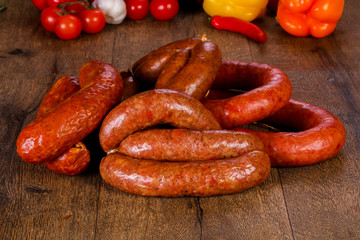 Pork sausages over wooden