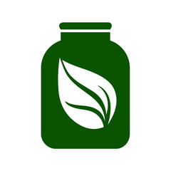 Organic food icon. Glass jar with leaf as organic food mark. Vector Illustration