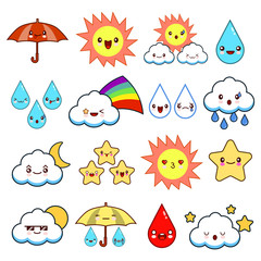 Collection of unusual cartoon and funny smiley weather icons. cute style. Sunny, cloudy, rainy, windy, shiny, bubbles, umbrella. Flat design vector illustration EPS10