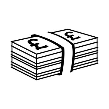 Pile of pound sterling bills. Banknotes with pound sterling signs and bank strap. Vector Illustration