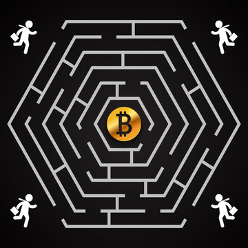 Bitcoin hexagonal labyrinth - businessman run for bitcoin - who will find it?