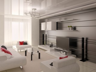 Naklejka na ściany i meble A stylish living room with stylish furniture and a dark background.
