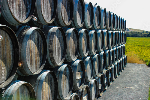 Decorative Wine Barrels Stacked And Lined Up Stock Photo And