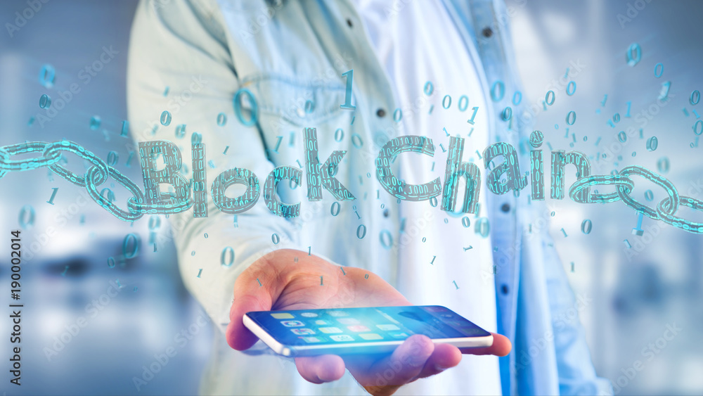 Poster blockchain title with a cahin made of data number - 3d render