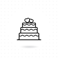 valentine cake icon. Stacked wedding cake dessert with heart topper line art vector. Wedding cake icon. Birthday vector illustration