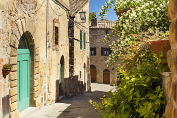 Fototapeta na wymiar street with flowers in summer day in tuscany city in Italy