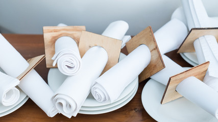 restaurant table setting equipment. Creative napkin arrangement. Table decor