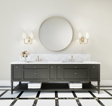 Classic luxury bathroom with marble floor and black furniture