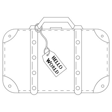 Line drawn coloring retro style travel suitcase, illustration isolated on white background.