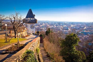 Uhrturm landmark and Graz cityscape aerial view