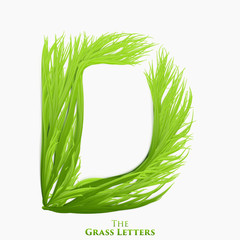 Vector letter D of juicy grass alphabet. Green D symbol consisting of growing grass. Realistic alphabet of organic plants. Spring and ecology typeset illustration.