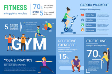 Fitness infographics illustration of people doing workout with graphs and diagrams. Flat template of repetitive training in the gym, cardio workout and yoga exercises. Healthy lifestyle presentation