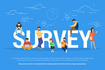 Online survey concept vector illustration of people using laptop and smartphone mobile app for fulfilling checklist or leaving a feedback for online service. Flat guys and young women near big letters