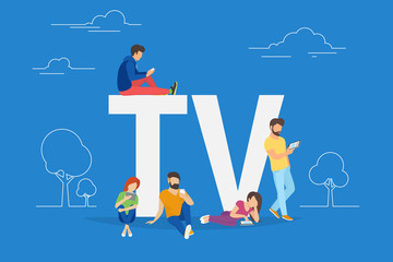 Mobile tv concept vector illustration of young people using mobile smartphone and tablets apps for watching tv shows and using streaming services. Flat guys and women standing near letters TV on blue