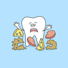 Cartoon tooth with bacteria and food debris. Teeth care and hygiene. Dental icon.