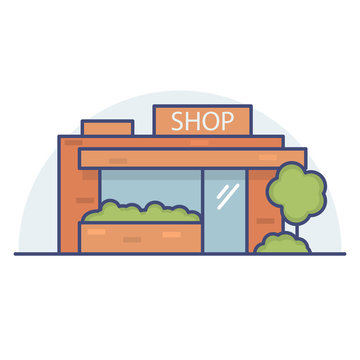 Shop the building in the city. Show-window and facade of a minimarket.Commercial public building on street.Linear flat style a vector.Street shop.Booth for trade
