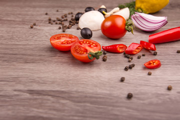 Healthy food background / studio photo of different fruits and vegetables on wooden table. Copy space. High resolution product
