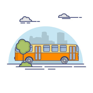 School retro bus. In linear flat style a vector. The vehicle for transportation of children, against the background of a city silhouette.