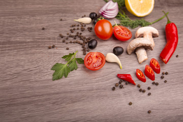 Healthy food background / studio photo of different fruits and vegetables on wooden table. Copy space. High resolution product
