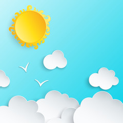 White paper cut clouds, sun and couple of two flying birds in the blue sky. Modern 3d paper art style. Vector illustration of cloudscape