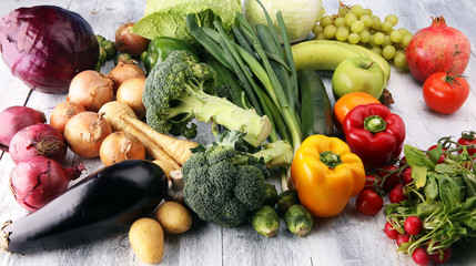 Composition with variety of raw organic vegetables and fruits. Balanced diet