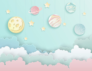 Paper art origami abstract concept with stars, fluffy clouds, full moon, different planets of solar system. Vector illustration