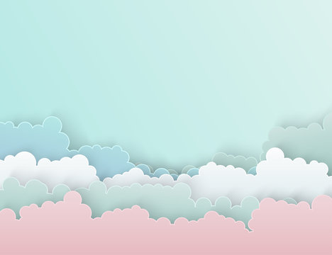 Paper art colorful fluffy clouds background with place for text. Modern 3d origami paper art style. Vector illustration. Pastel colors