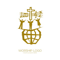 Music logo. Christian symbols. People of all nations and nationalities sing a song of worship to God.