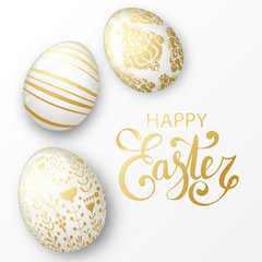 Happy Easter background with realistic white egg with golden floral elegant ornament and calligraphy text. Minimalistic vector template, trendy design. Spring holiday illustration
