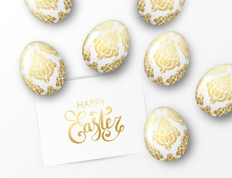 Happy Easter background with eggs with golden floral elegant ornament and callidraphy text on paper. Minimalistic vector template, trendy design. White background. Spring holiday illustration