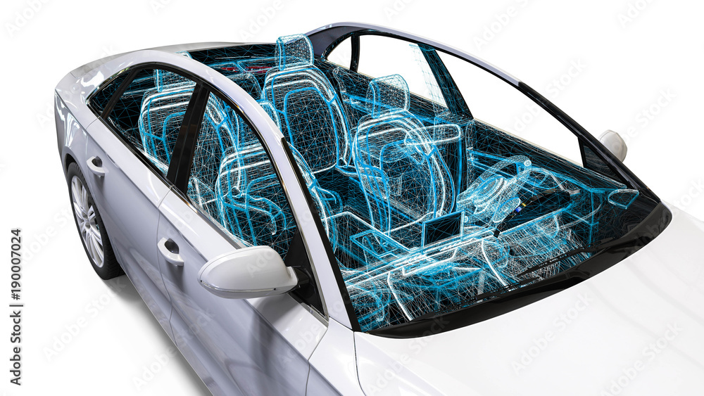 Poster car interior development process / 3d render image of an car in wire frame representing a car interi