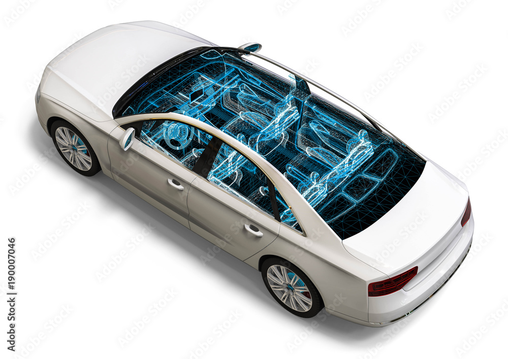 Poster car interior development process / 3d render image of an car in wire frame representing a car interi