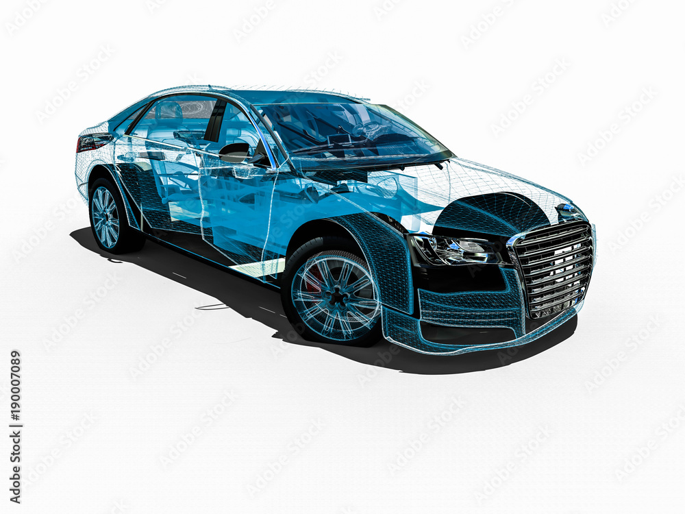 Poster car interior development process / 3d render image of an car in wire frame representing a car interi